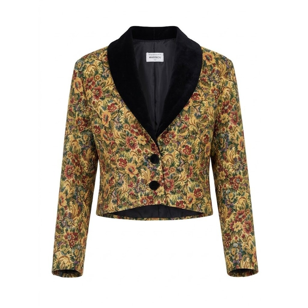 Vintage Maribou London Tapestry Blazer Womens Gold Floral Velvet Collar Cropped